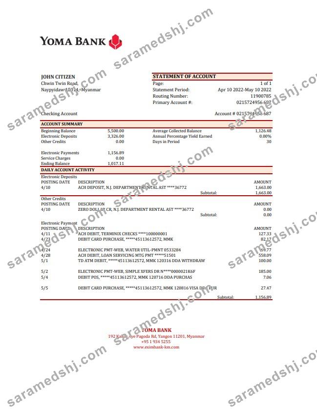 Myanmar Yoma Bank statement